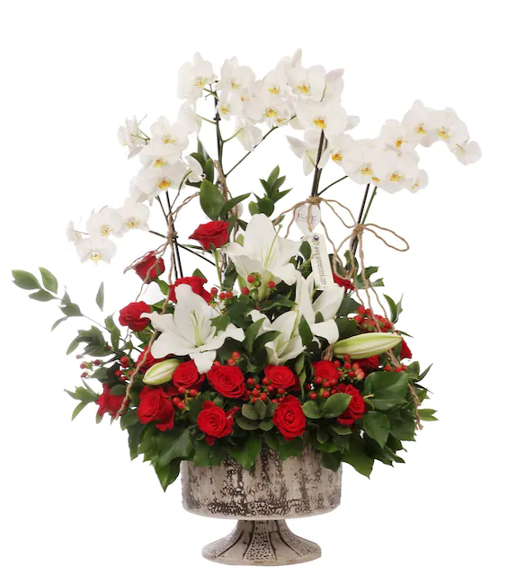 4 dal orkide ve kırmızı güllerden aranjman